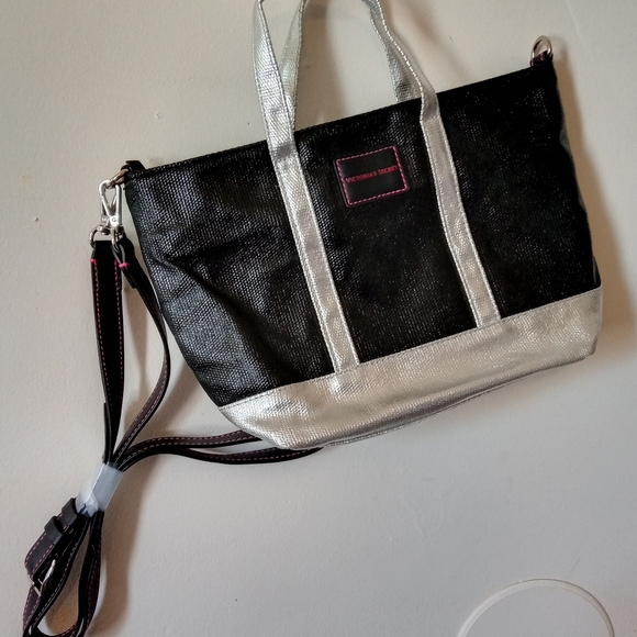 Victoria's Secret Handbags - Victoria Secret Small Black and Silver Tote Bag With Strap